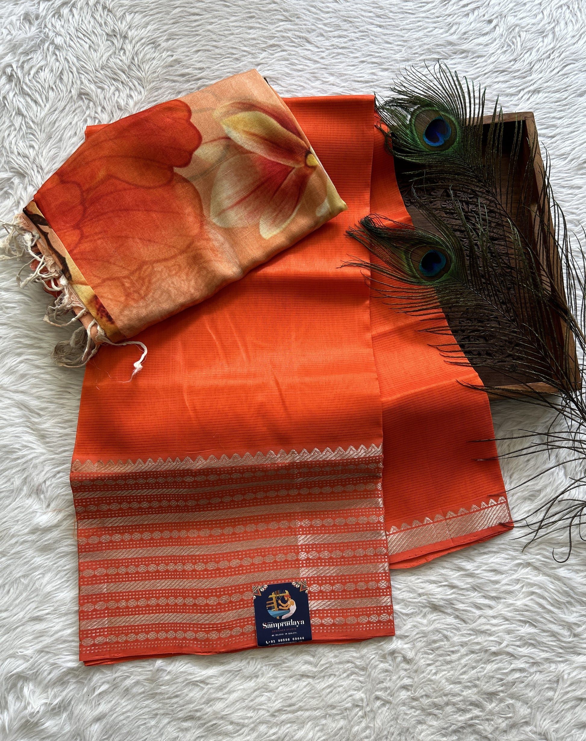 Pure Mangalagiri Pattu Dress Material Orange Colored Paired with a Coral Color Digital Print Dupatta - Sampradaya Designer Studio