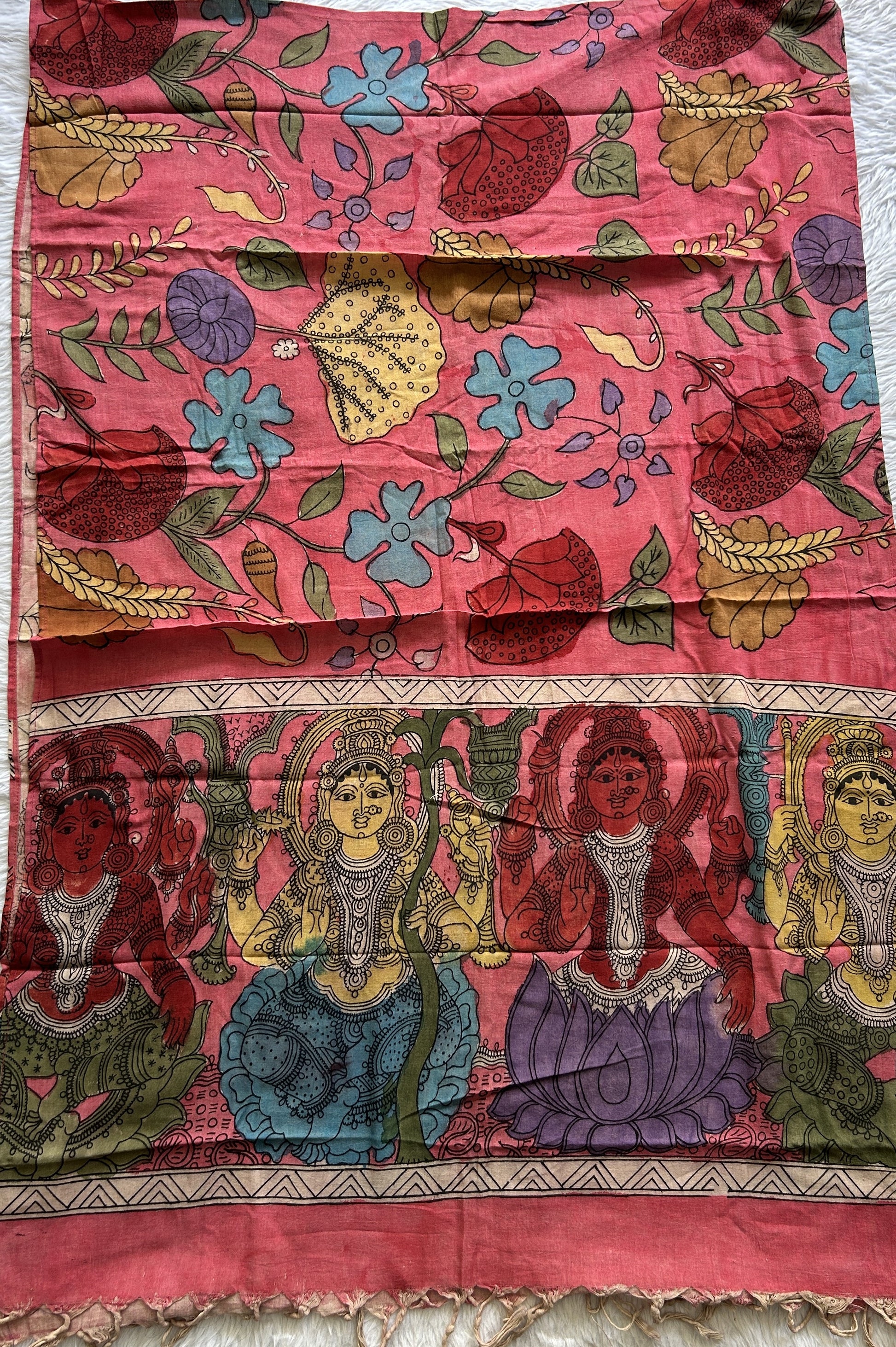 Pure Cotton Hand Pen Kalamkari Pink Colored with a Tassels Dupatta. - Sampradaya Designer Studio