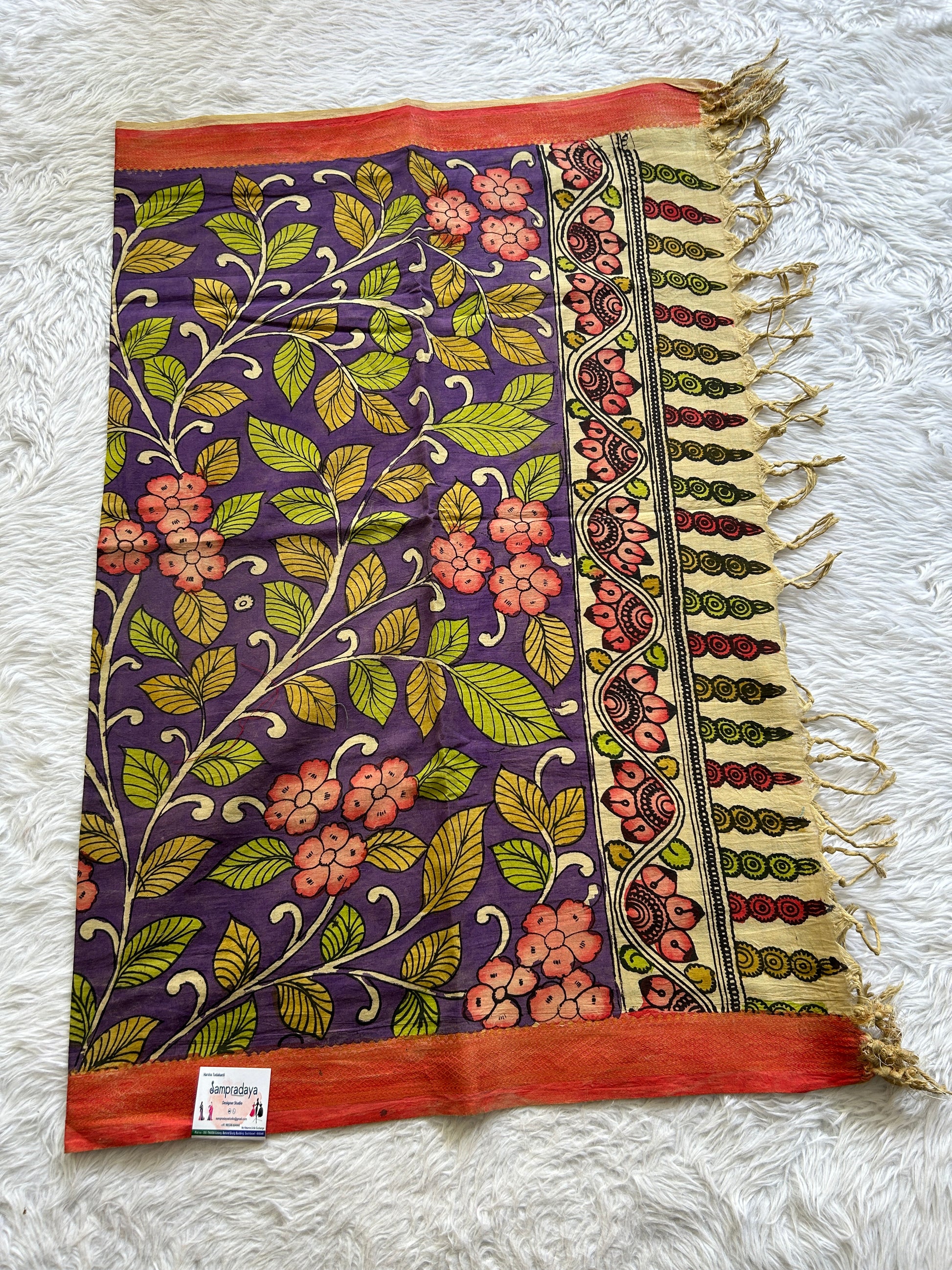 Pure Cotton Hand Pen Kalamkari Purple Colored with a Tassels Dupatta. - Sampradaya Designer Studio