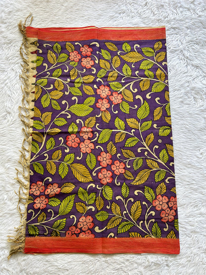 Pure Cotton Hand Pen Kalamkari Purple Colored with a Tassels Dupatta. - Sampradaya Designer Studio