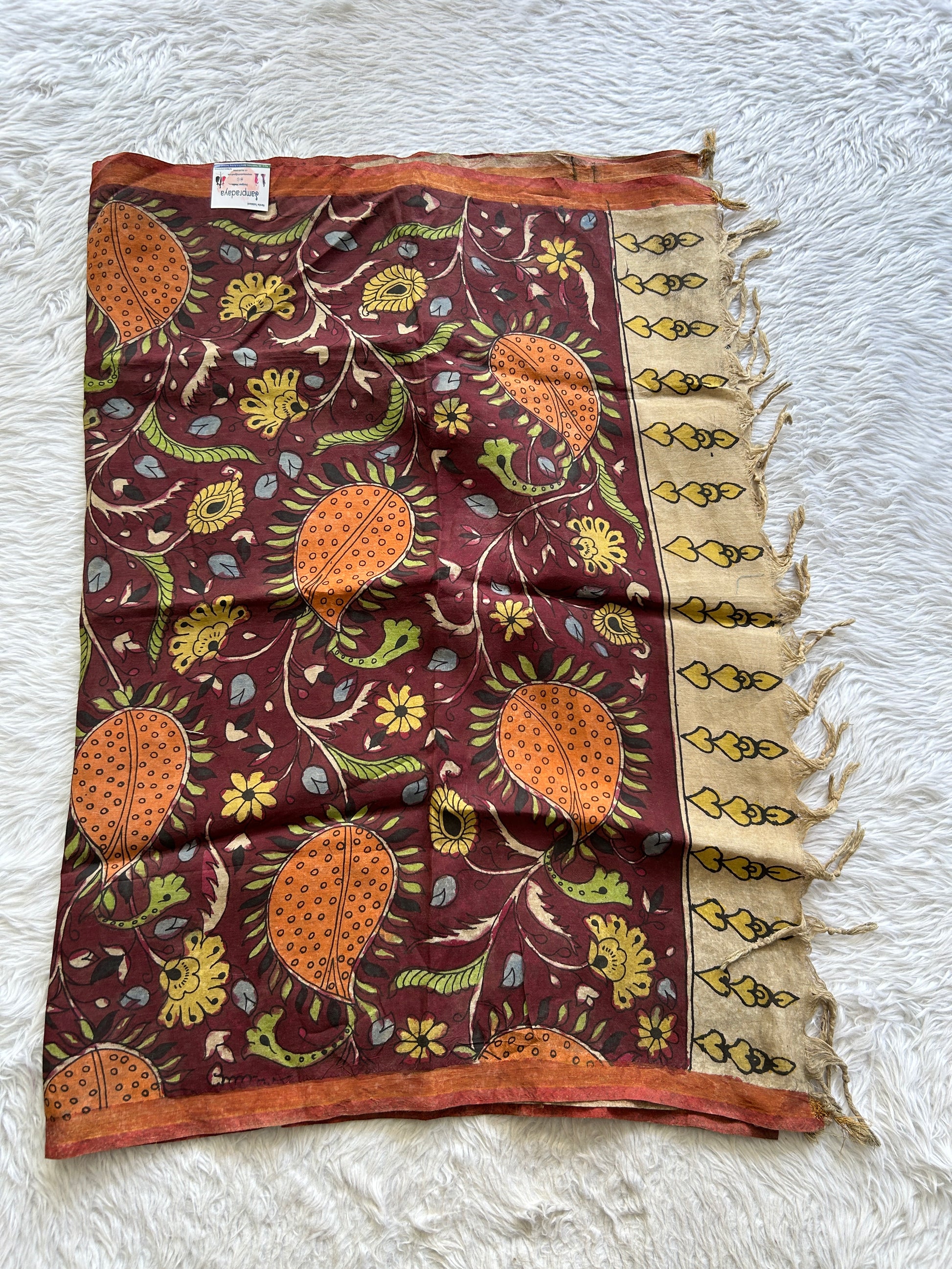 Pure Cotton Hand Pen Kalamkari Brown Colored with a Tassels Dupatta. - Sampradaya Designer Studio