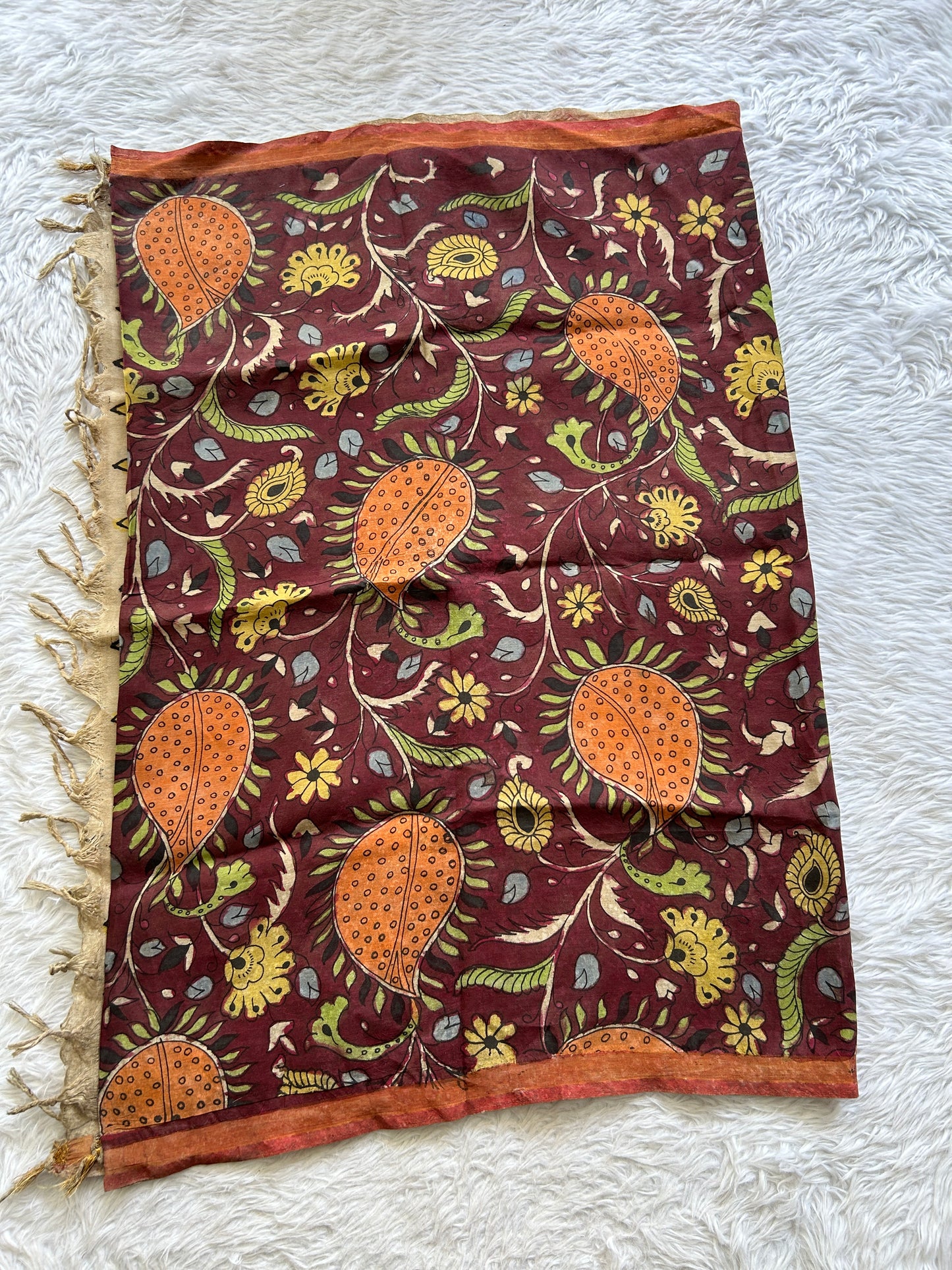 Pure Cotton Hand Pen Kalamkari Brown Colored with a Tassels Dupatta. - Sampradaya Designer Studio