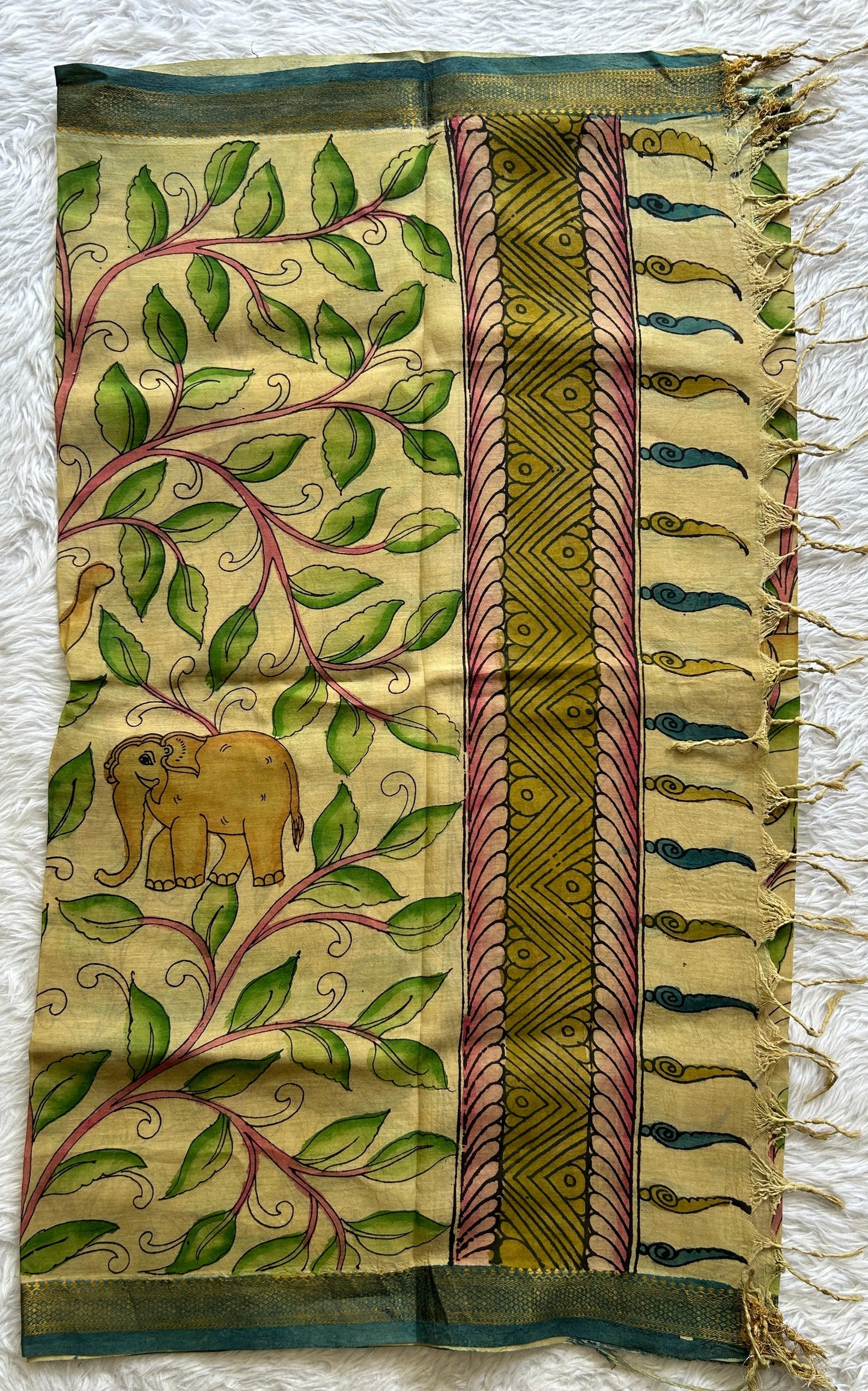 Pure Cotton Hand Pen Kalamkari Beige Colored with a Tassels Dupatta. - Sampradaya Designer Studio