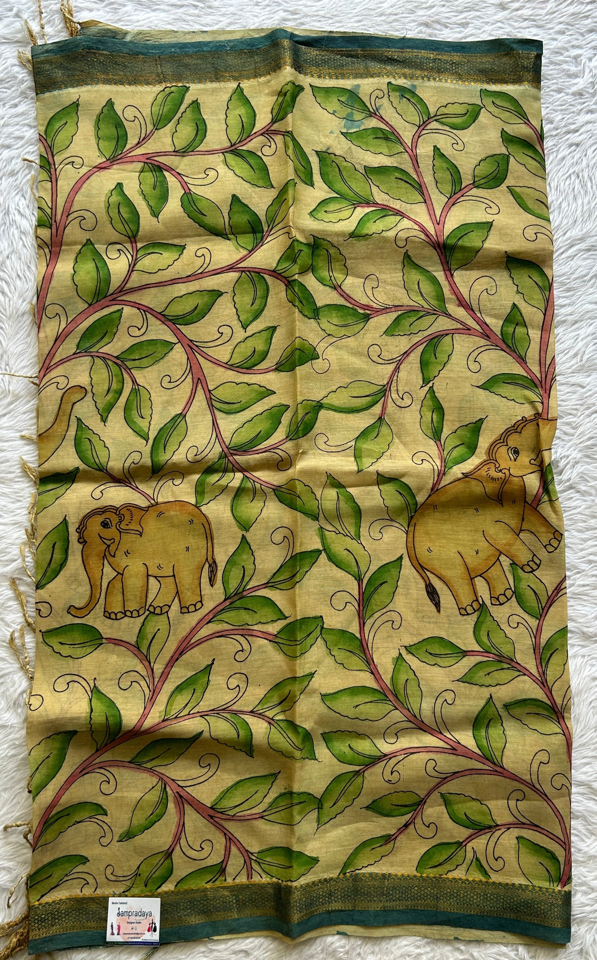 Pure Cotton Hand Pen Kalamkari Beige Colored with a Tassels Dupatta. - Sampradaya Designer Studio