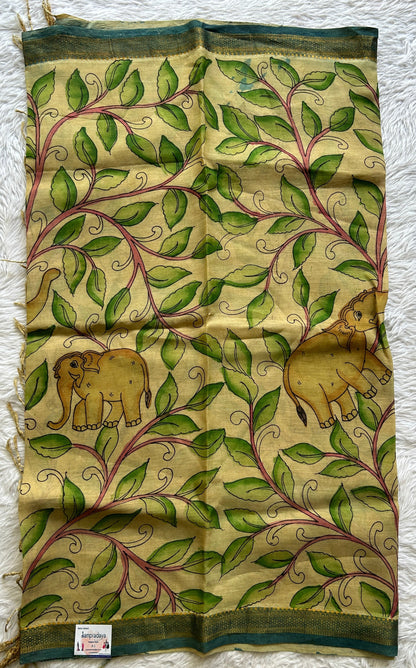 Pure Cotton Hand Pen Kalamkari Beige Colored with a Tassels Dupatta. - Sampradaya Designer Studio