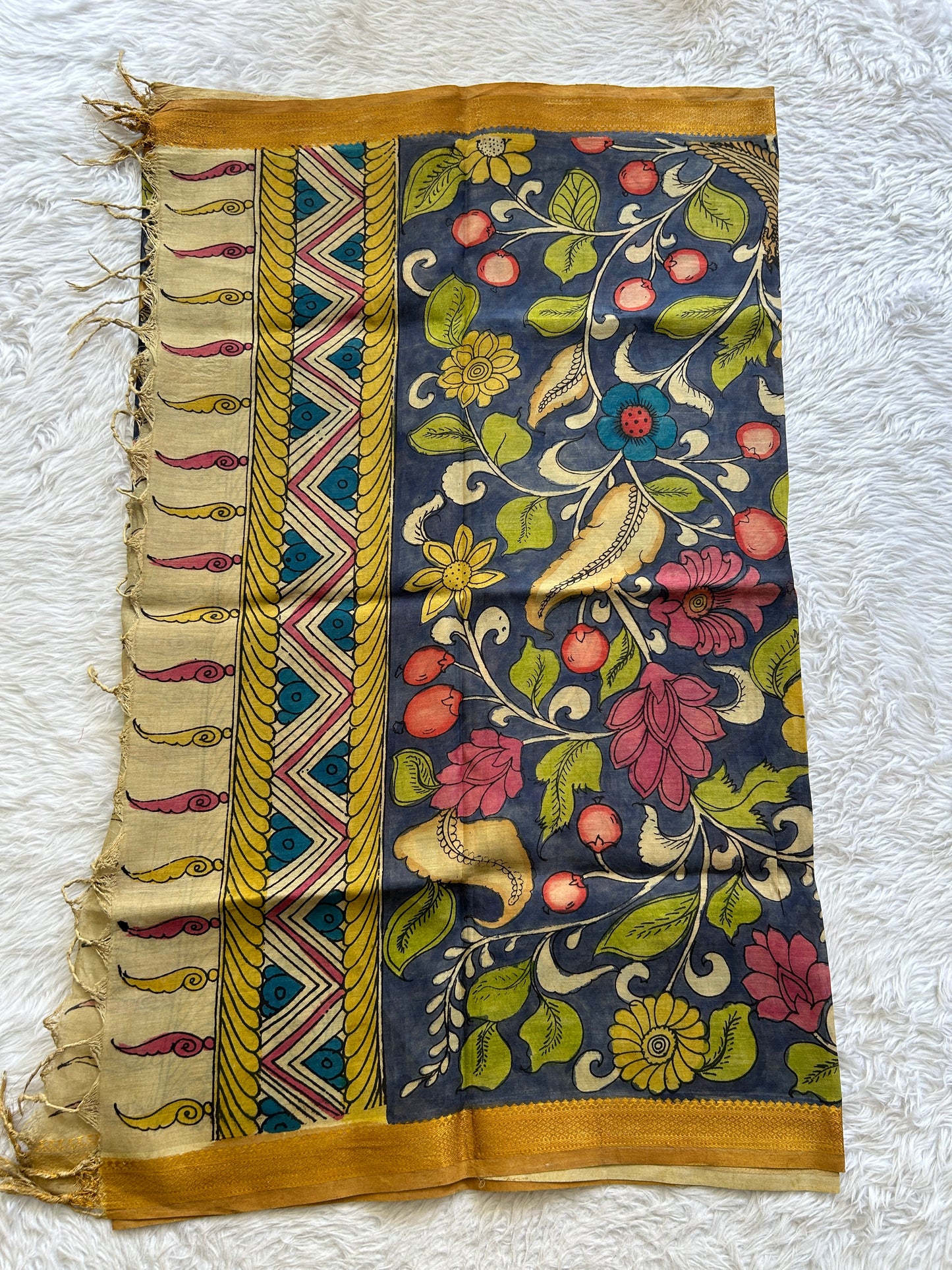 Pure Cotton Hand Pen Kalamkari Steel Blue Colored with a Tassels Dupatta. - Sampradaya Designer Studio