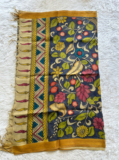 Pure Cotton Hand Pen Kalamkari Steel Blue Colored with a Tassels Dupatta. - Sampradaya Designer Studio