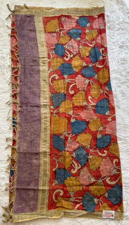 Pure Cotton Hand Pen Kalamkari Rust Colored Dupatta with a Zari Border. - Sampradaya Designer Studio