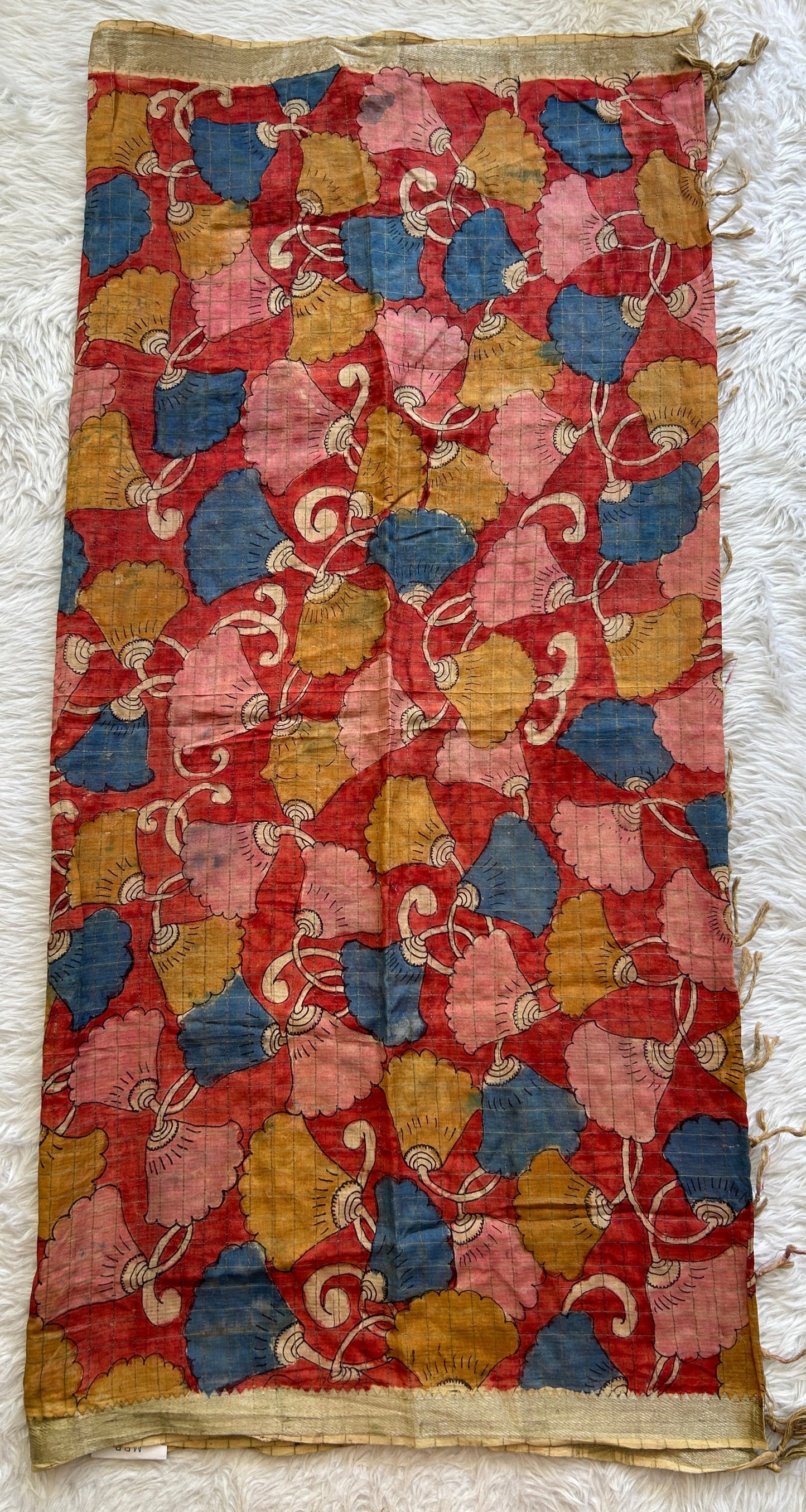 Pure Cotton Hand Pen Kalamkari Rust Colored Dupatta with a Zari Border. - Sampradaya Designer Studio