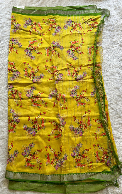 Pure Mangalagiri Pattu Yellow Colored Floral Printed Dupatta with a Zari Border. - Sampradaya Designer Studio