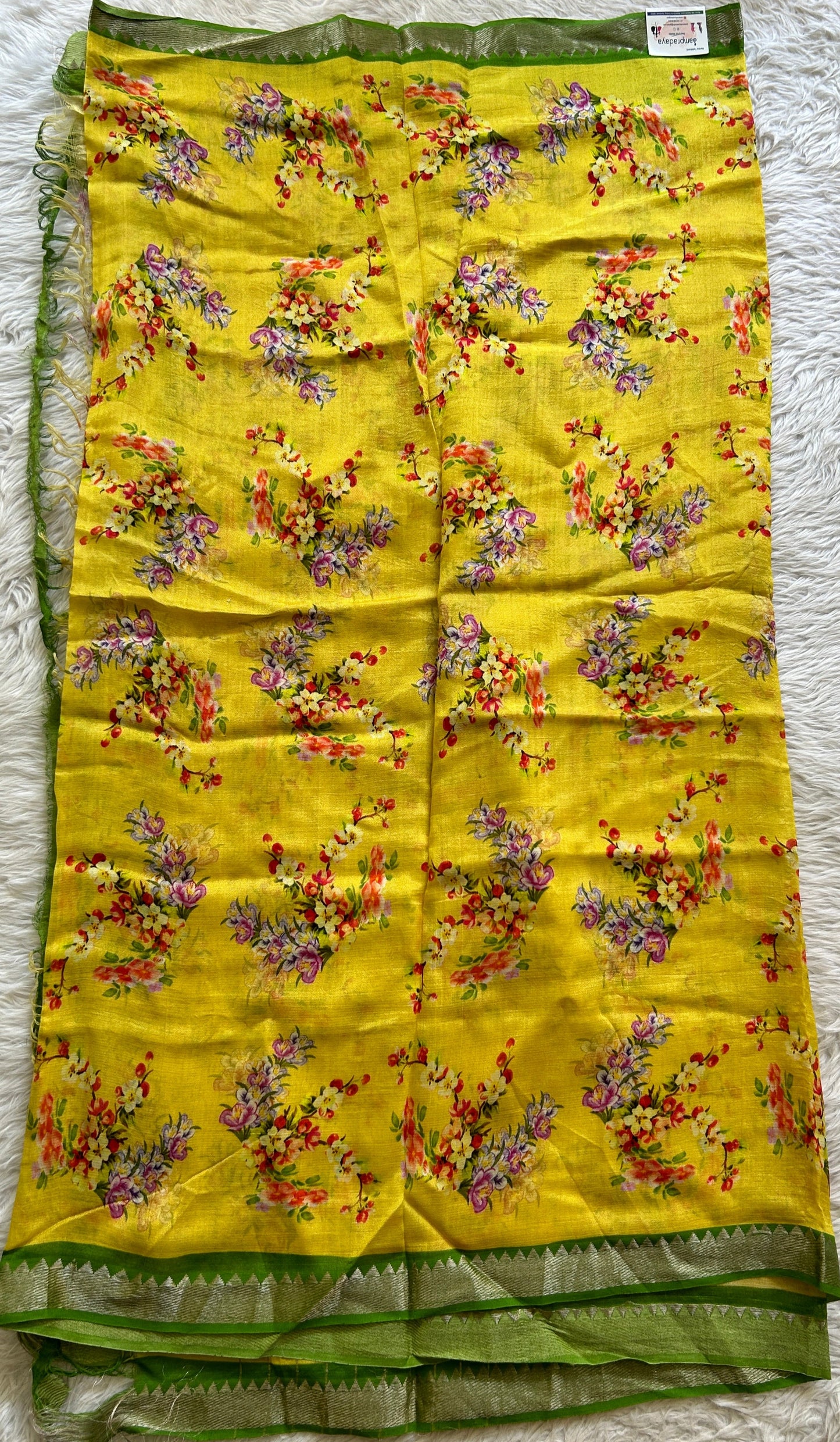 Pure Mangalagiri Pattu Yellow Colored Floral Printed Dupatta with a Zari Border. - Sampradaya Designer Studio