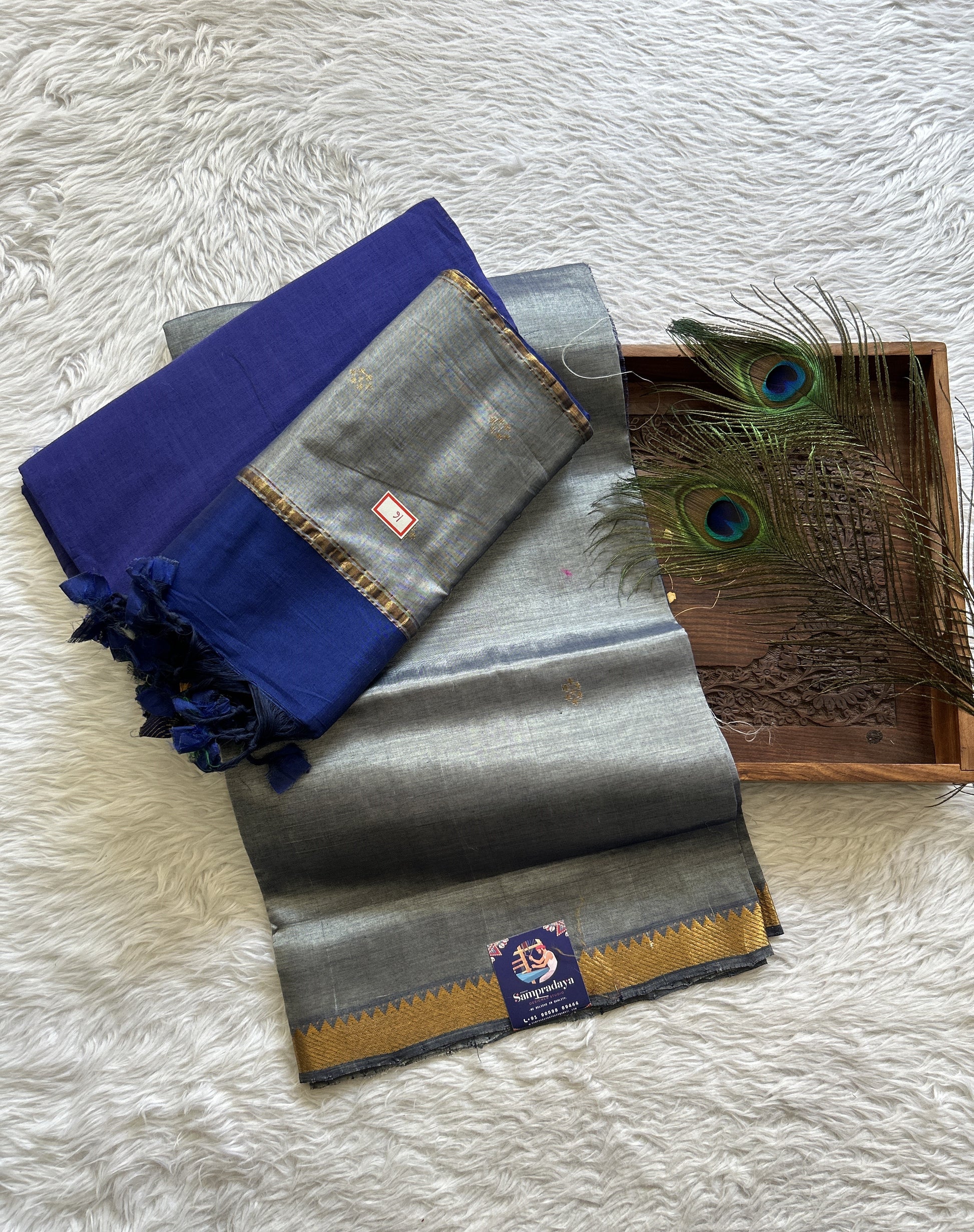 Pure Mangalagiri Pattu Dress Material Gray Colored Paired with a Blue Color Pant and Pattu Dupatta - Sampradaya Designer Studio