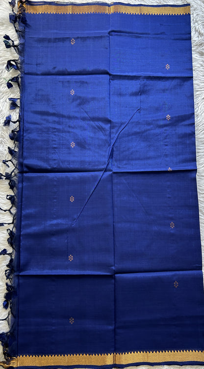 Pure Mangalagiri Pattu Dress Material Gray Colored Paired with a Blue Color Pant and Pattu Dupatta - Sampradaya Designer Studio