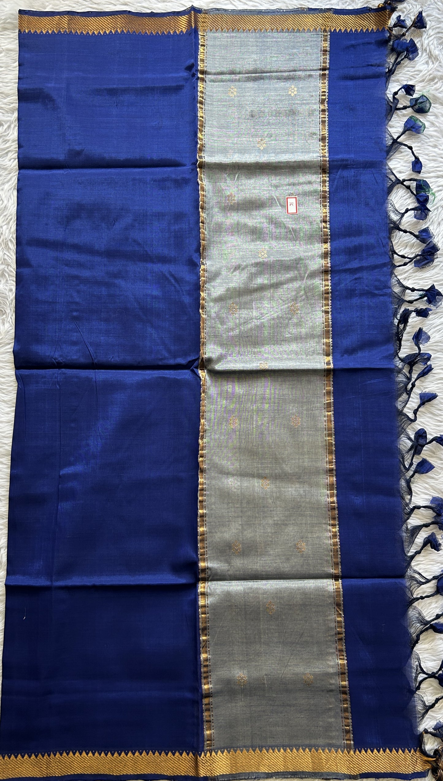 Pure Mangalagiri Pattu Dress Material Gray Colored Paired with a Blue Color Pant and Pattu Dupatta - Sampradaya Designer Studio