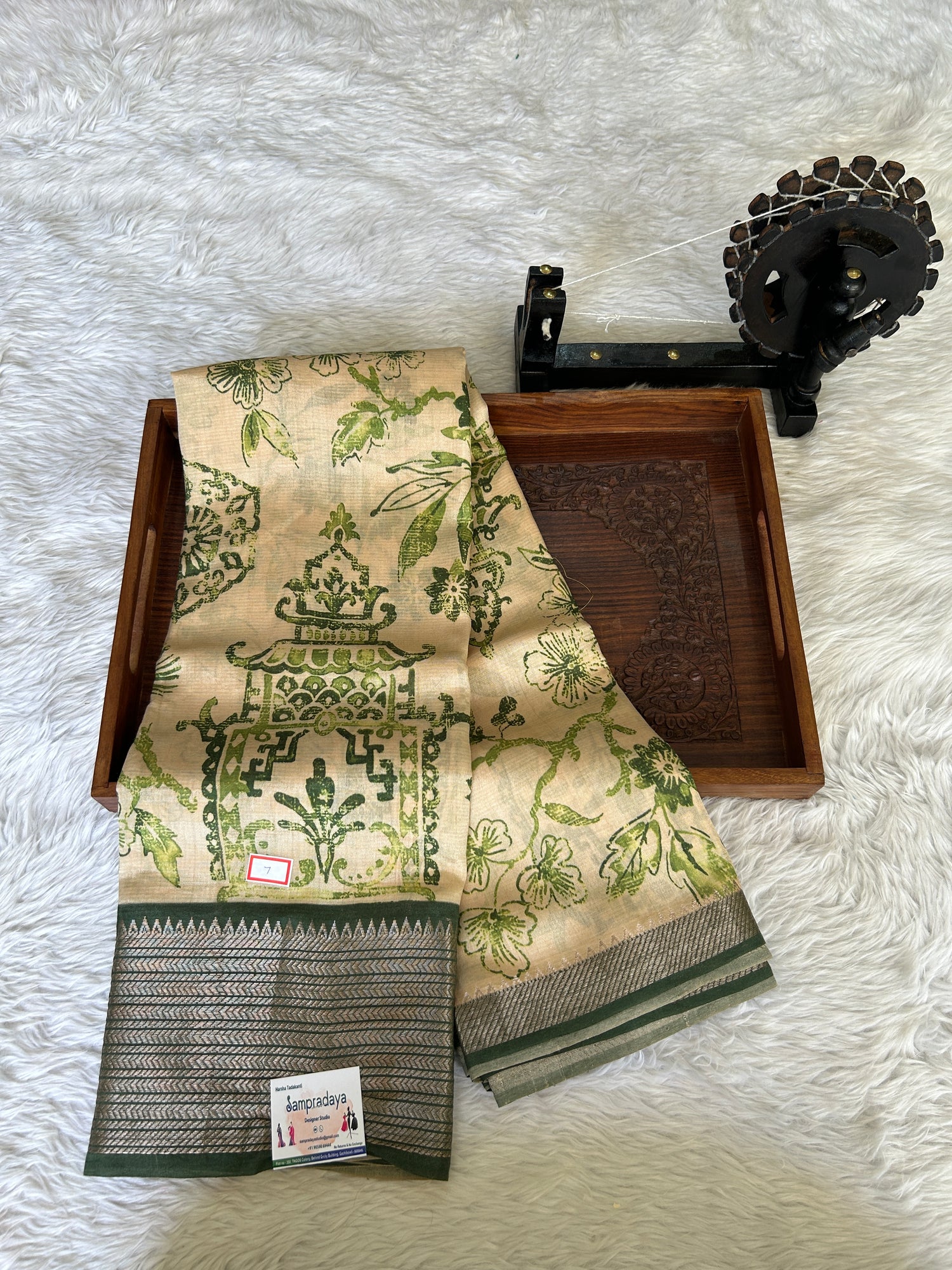 Mangalagiri Pattu Digital Print Saree Cream colored complemented with a Green Zari Border - Sampradaya Designer Studio