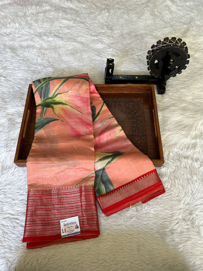 Mangalagiri Pattu Digital Print Saree Peach colored complemented with a Red Zari Border - Sampradaya Designer Studio