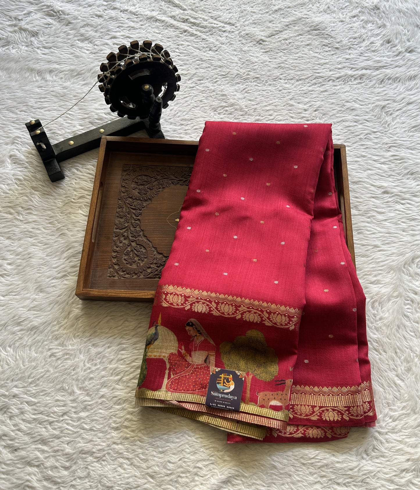 Pure Moonga Tussar Silk Saree Hot Pink Color Complemented with a Digital Print Border.