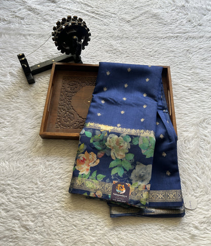 Pure Moonga Tussar Silk Saree Cobalt Blue Color Complemented with a Digital Print Border.