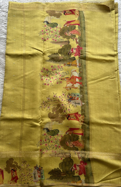 Pure Moonga Tussar Silk Saree Mustard Color Complemented with a Digital Print Border.