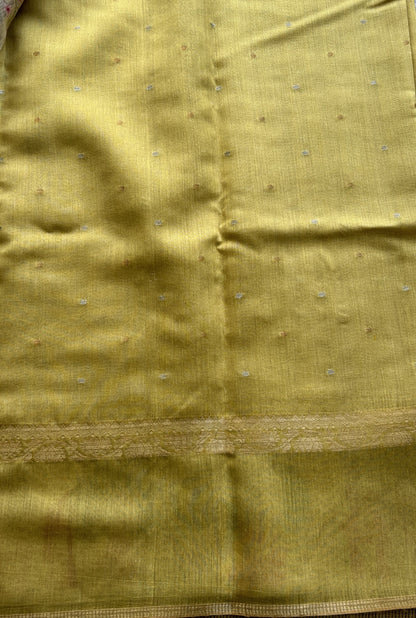 Pure Moonga Tussar Silk Saree Mustard Color Complemented with a Digital Print Border.