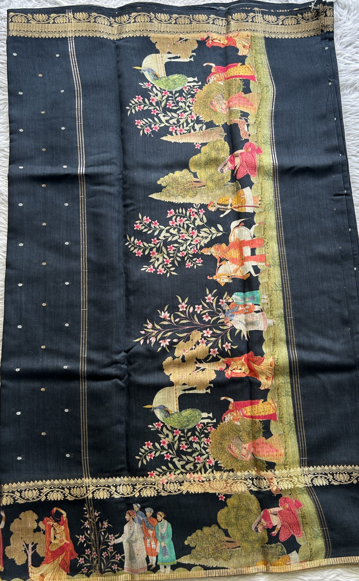 Pure Moonga Tussar Silk Saree Black Color Complemented with a Digital Print Border.