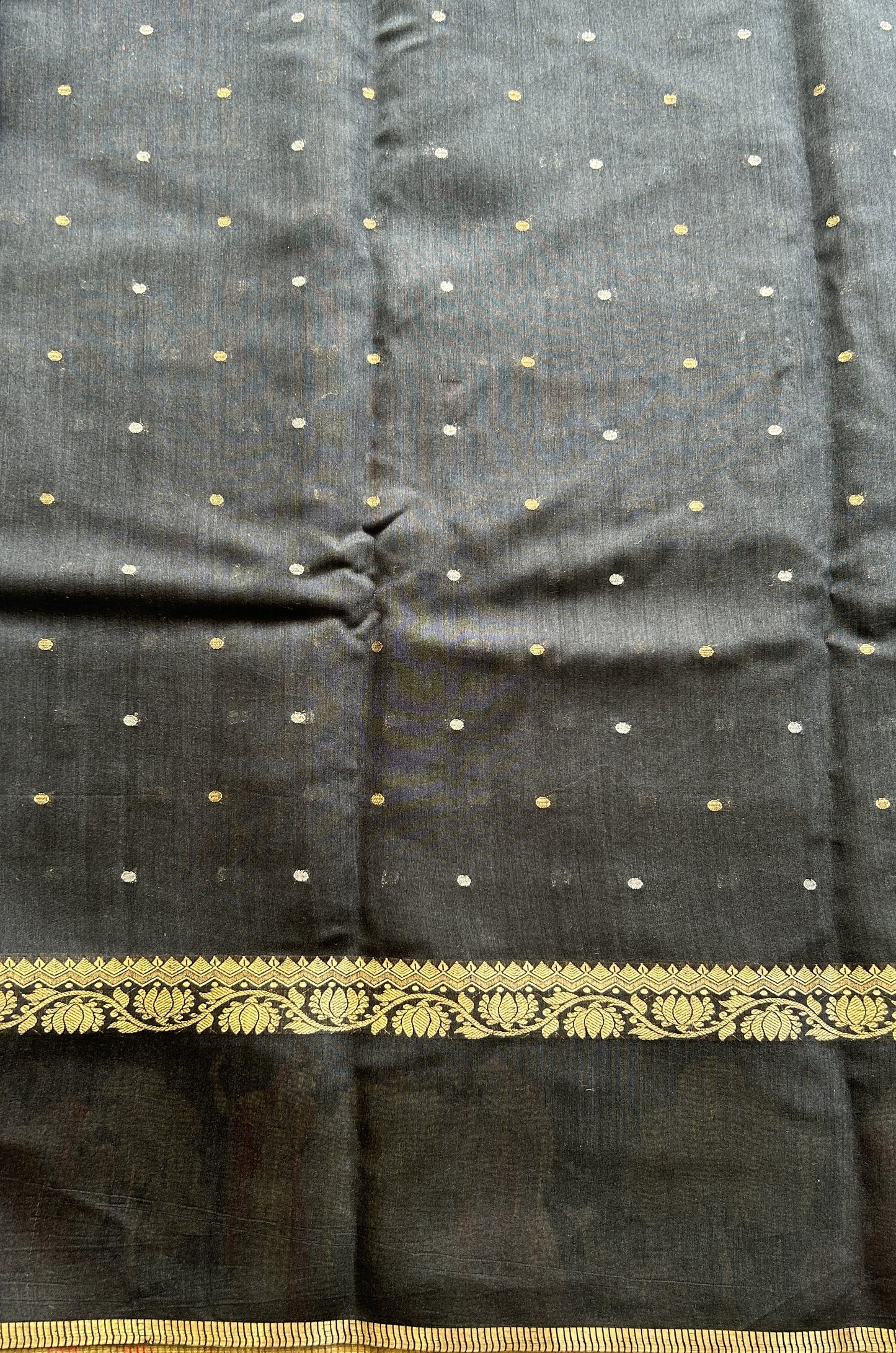 Pure Moonga Tussar Silk Saree Black Color Complemented with a Digital Print Border.