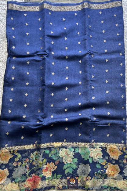 Pure Moonga Tussar Silk Saree Cobalt Blue Color Complemented with a Digital Print Border.