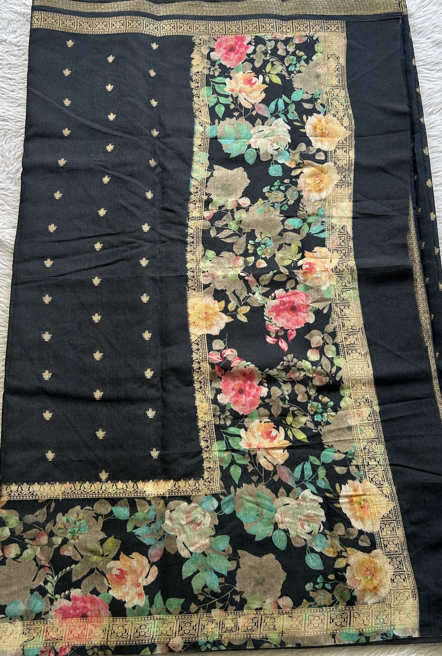 Pure Moonga Tussar Silk Saree Black Color Complemented with a Digital Print Border.