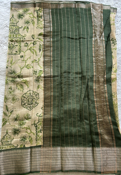 Mangalagiri Pattu Digital Print Saree Cream colored complemented with a Green Zari Border - Sampradaya Designer Studio