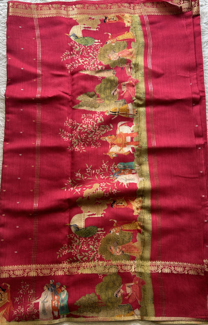 Pure Moonga Tussar Silk Saree Hot Pink Color Complemented with a Digital Print Border.