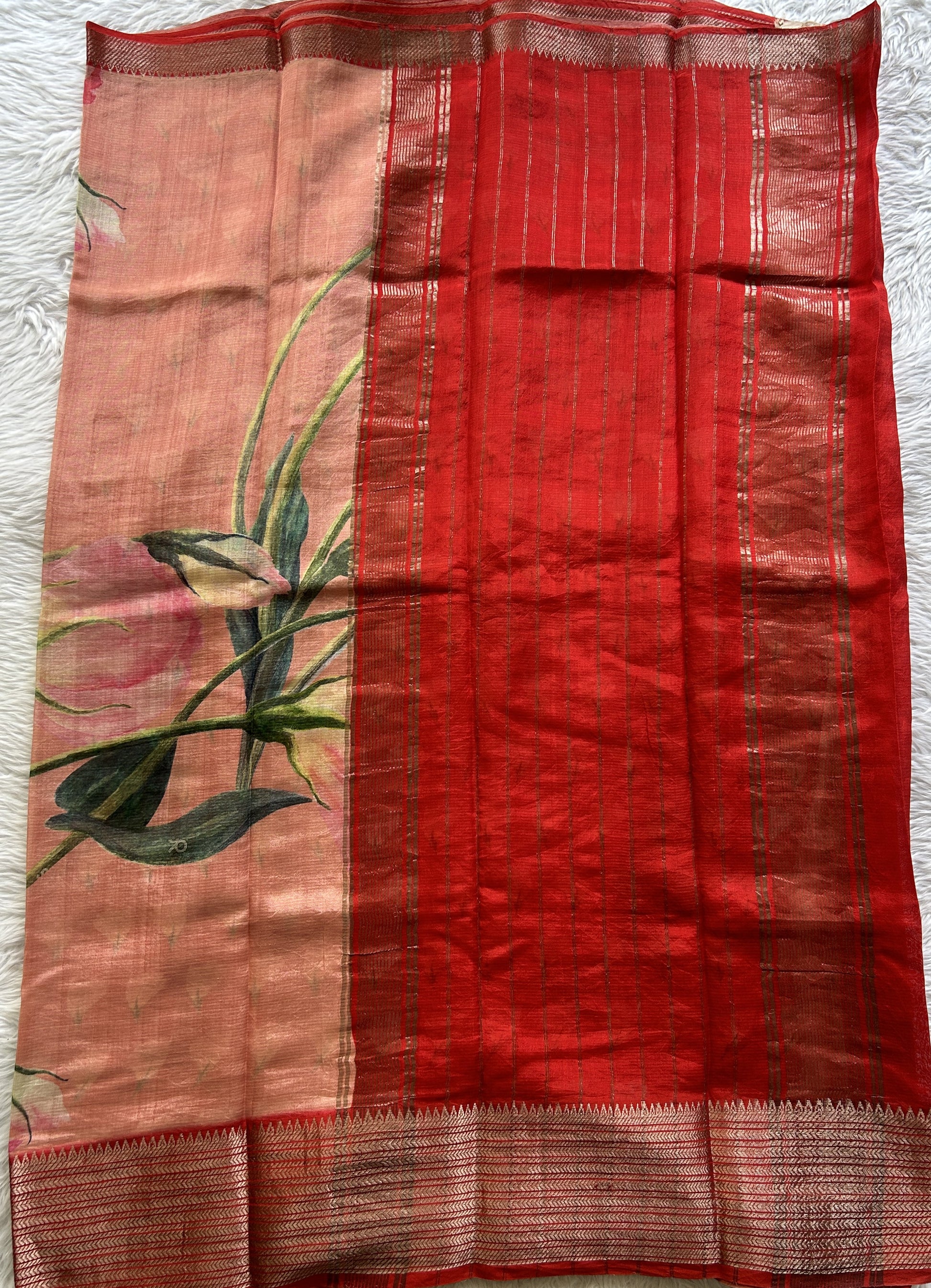 Mangalagiri Pattu Digital Print Saree Peach colored complemented with a Red Zari Border - Sampradaya Designer Studio