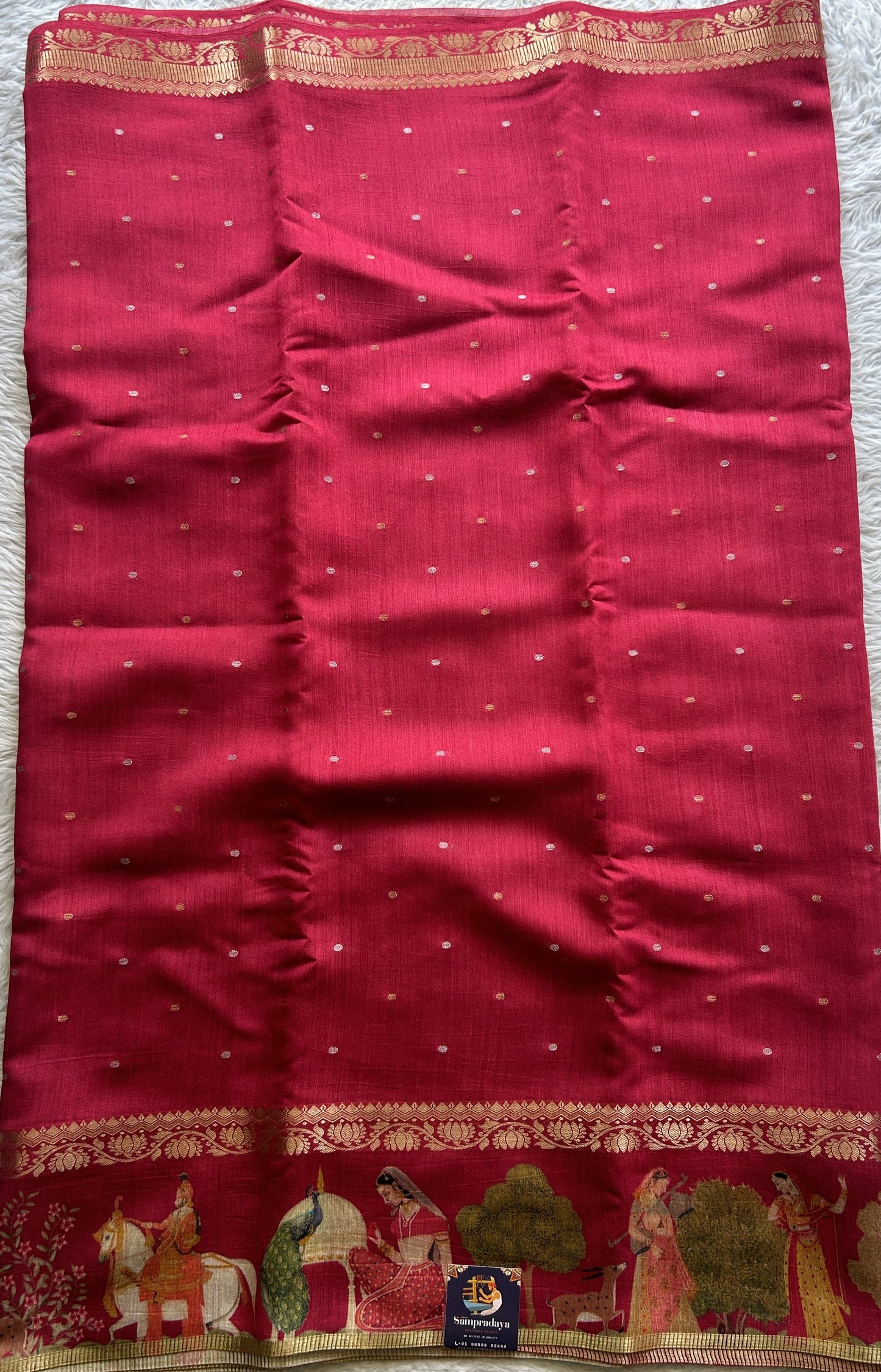 Pure Moonga Tussar Silk Saree Hot Pink Color Complemented with a Digital Print Border.