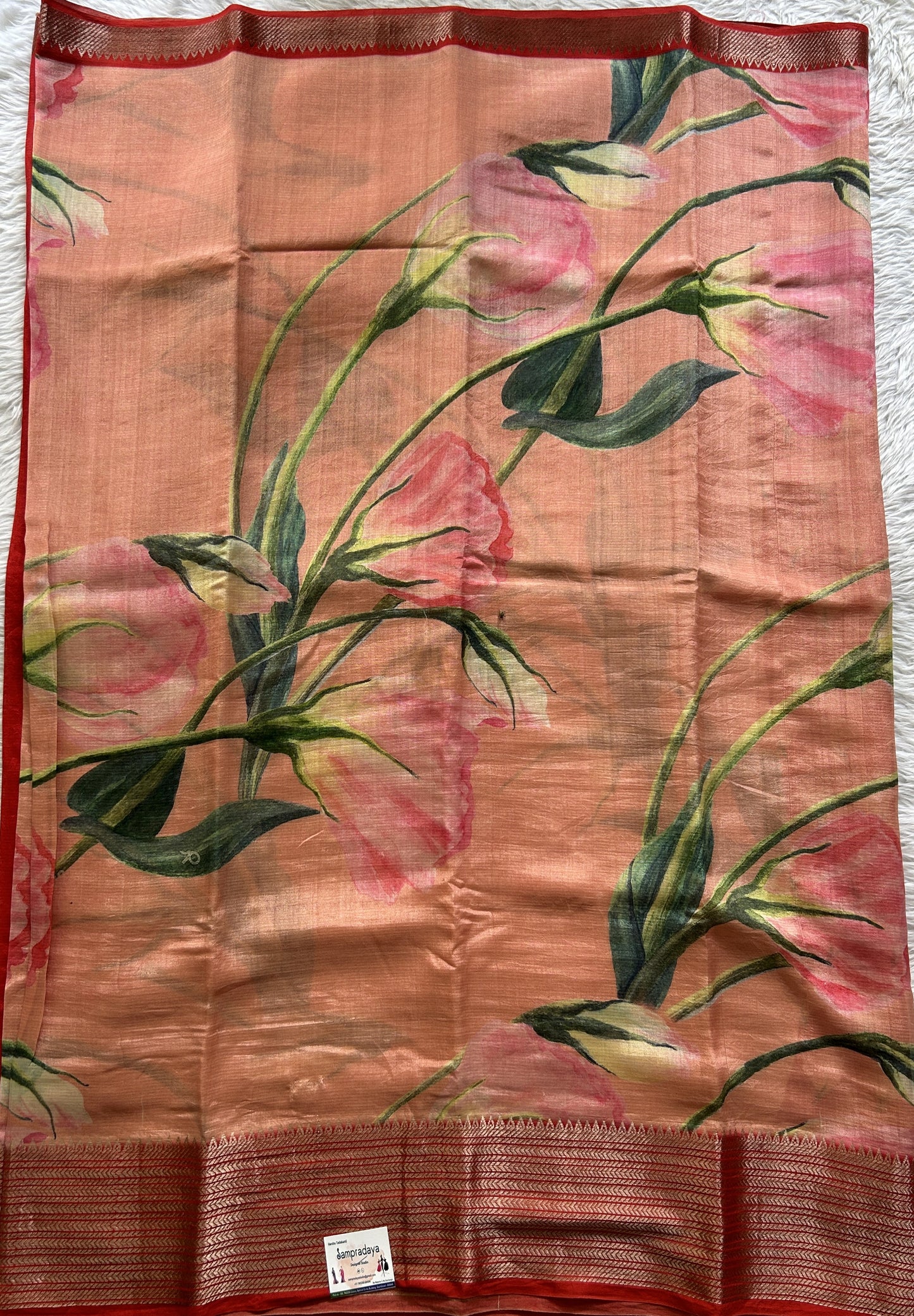 Mangalagiri Pattu Digital Print Saree Peach colored complemented with a Red Zari Border - Sampradaya Designer Studio