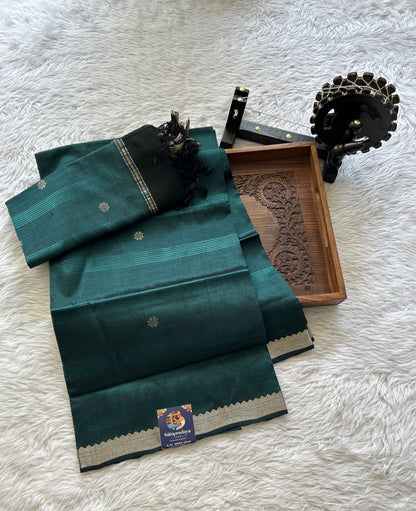 Pure Mangalagiri Pattu Dress Material Bottle Green Colored Paired with a Black Color Pattu Dupatta - Sampradaya Designer Studio