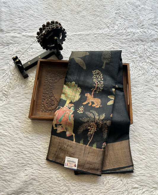 Pure Tussar Silk Saree Charcoal Color Complemented with a Zari Border.