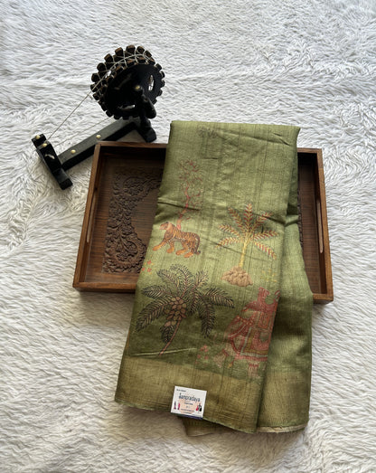 Pure Tussar Silk Saree Olive Green Color Complemented with a Zari Border.