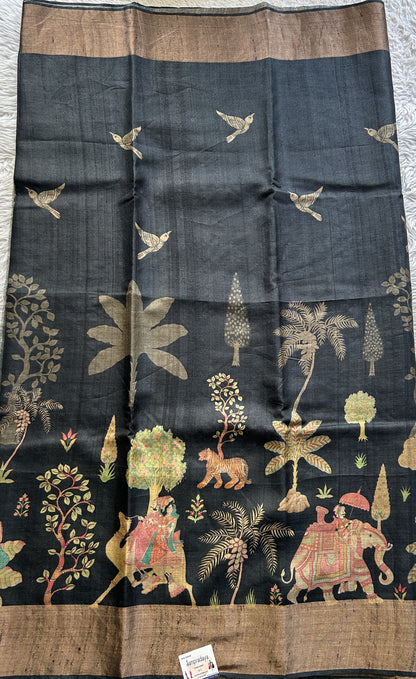 Pure Tussar Silk Saree Charcoal Color Complemented with a Zari Border.