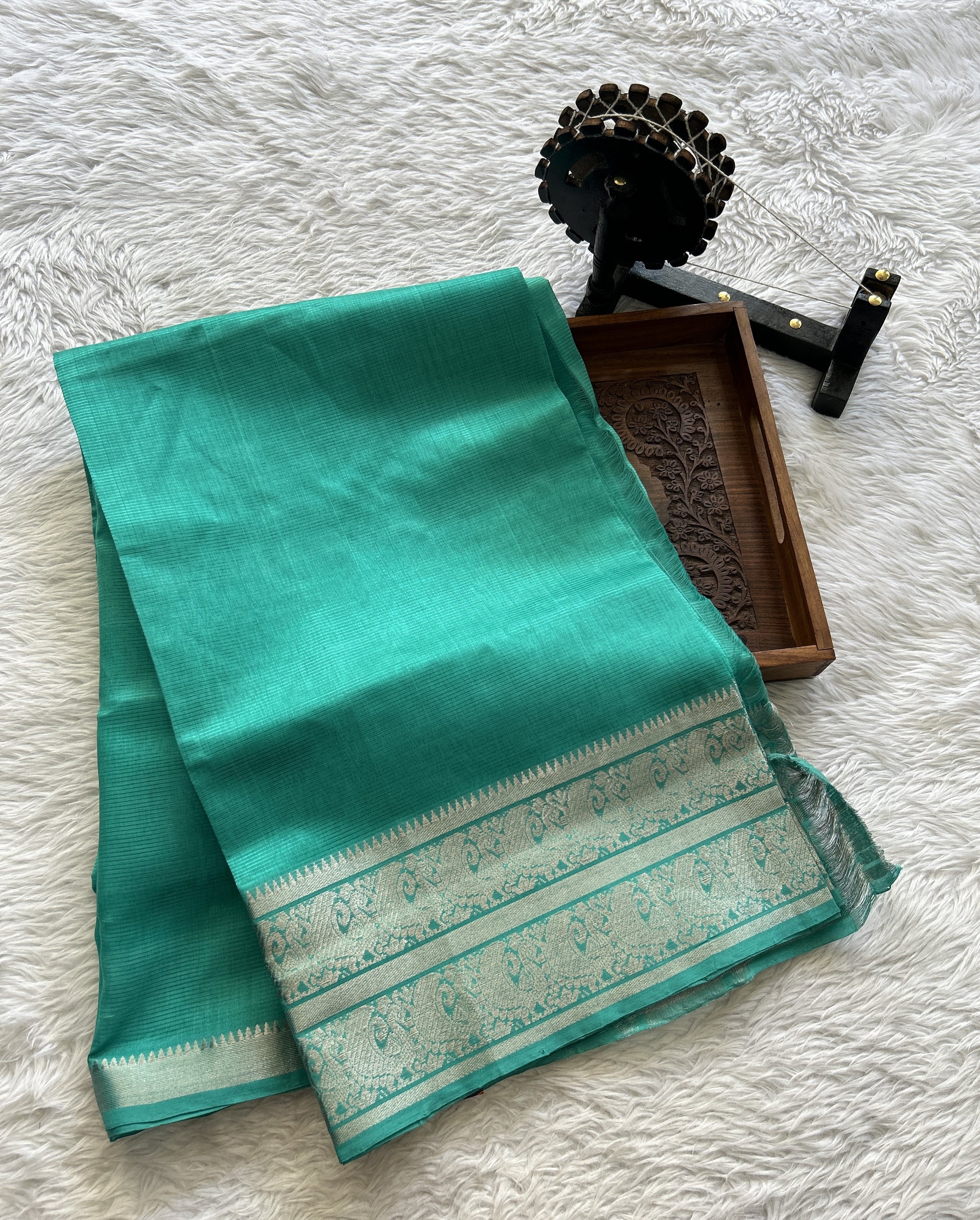 Mangalagiri Plain Pattu Saree Aqua Blue colored complemented with a Zari Border - Sampradaya Designer Studio