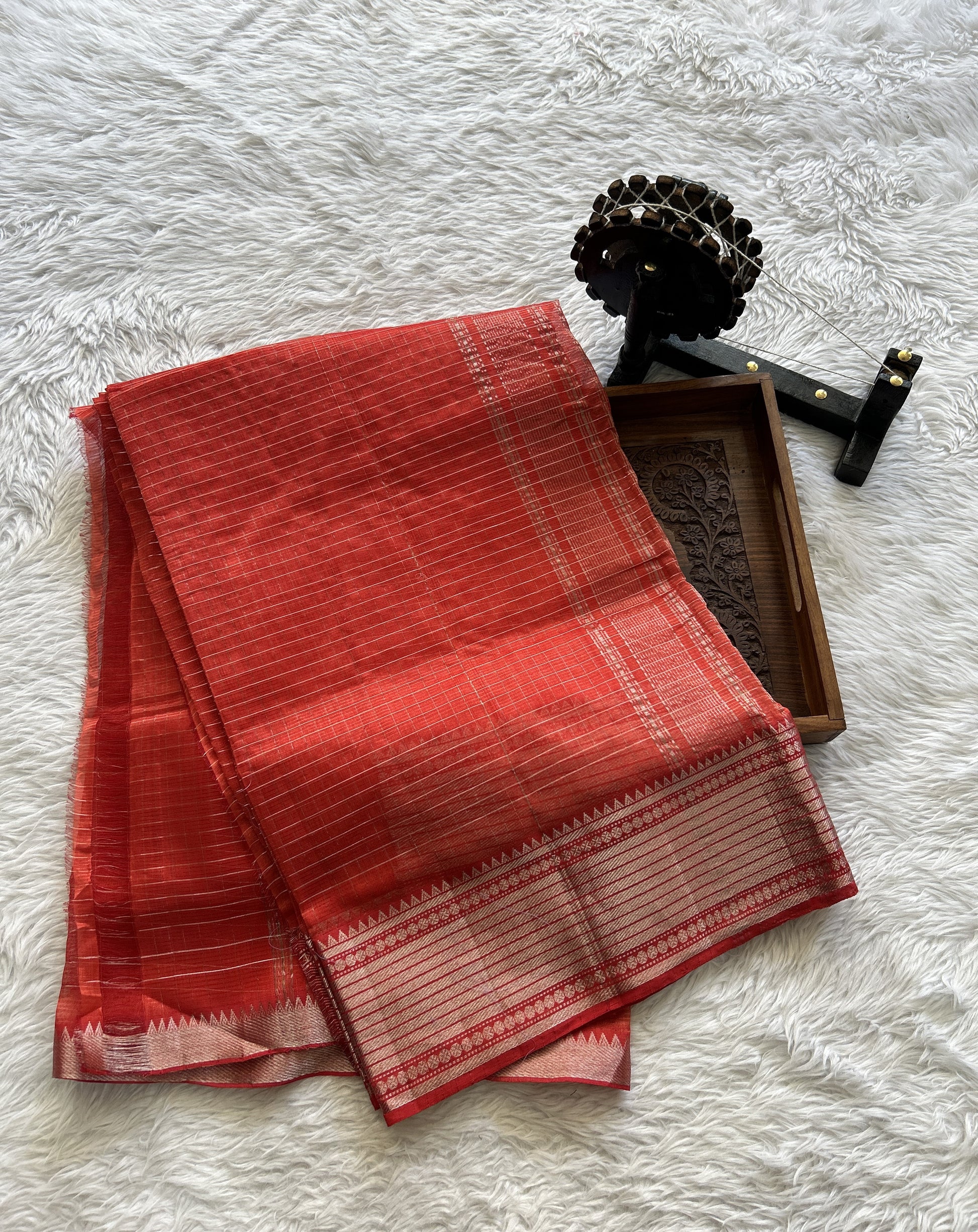 Mangalagiri Plain Pattu Saree Red Orange colored complemented with a Zari Border - Sampradaya Designer Studio