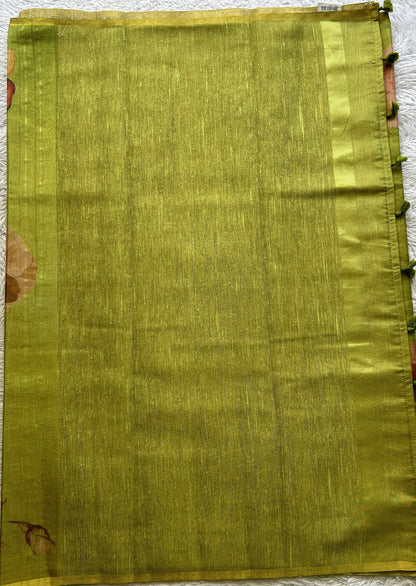 Banarasi Tissue Fancy Saree Parrot Green Colored Paired with a Borderless.