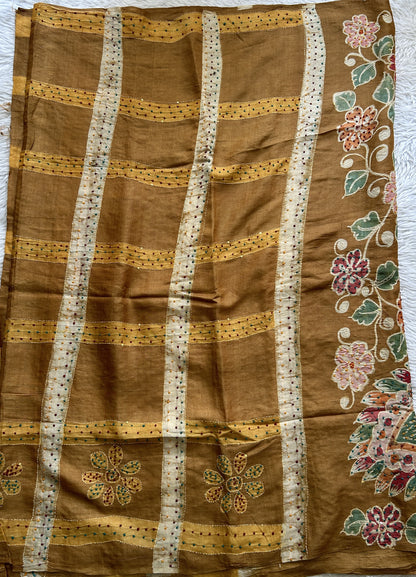 Pure Tussar Silk Saree Mustard yellow Color Complemented with a Borderless. - Sampradaya Designer Studio