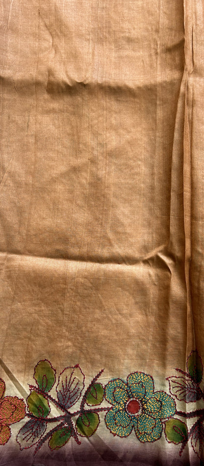 Pure Tussar Silk Saree Beige Color Complemented with a Borderless. - Sampradaya Designer Studio