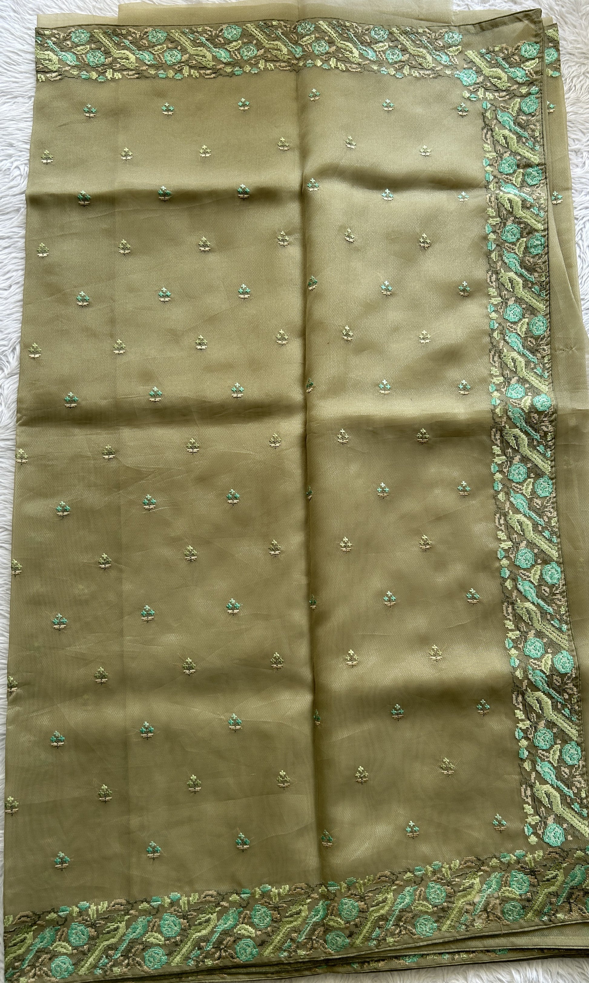 Banarasi Fancy Saree Light Olive Green Colored Complemented with a Zari Border. - Sampradaya Designer Studio