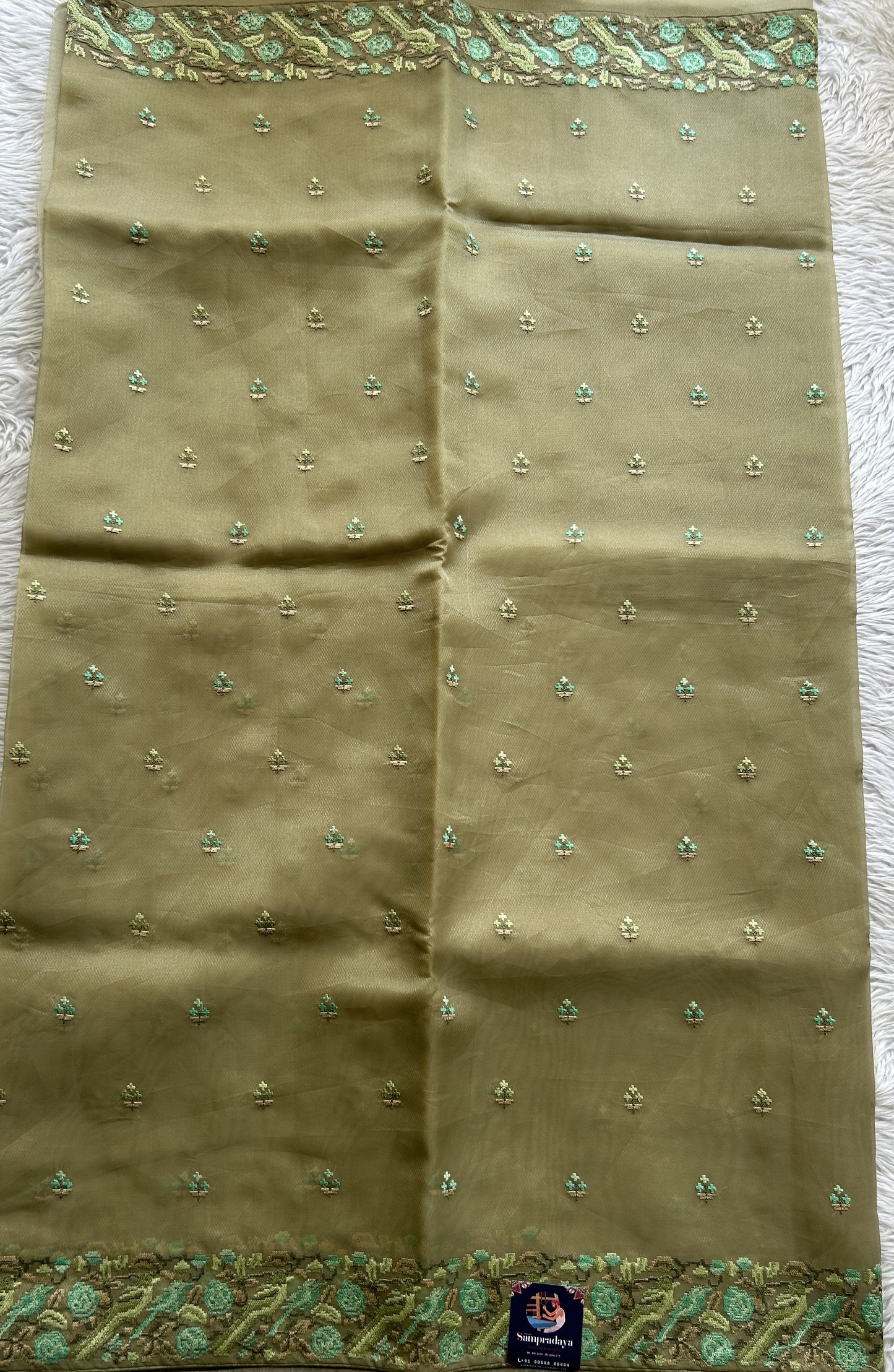 Banarasi Fancy Saree Light Olive Green Colored Complemented with a Zari Border. - Sampradaya Designer Studio