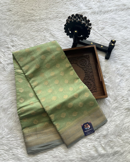 Maheshwari Chanderi Cotton Sareee Parrot Green Colored Complemented with a Zari Border. - Sampradaya Designer Studio