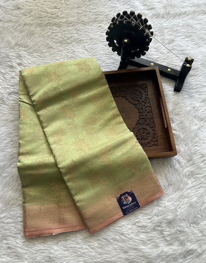 Maheshwari Chanderi Cotton Saree Light Green Colored Complemented with a Peach Color Zari Border. - Sampradaya Designer Studio