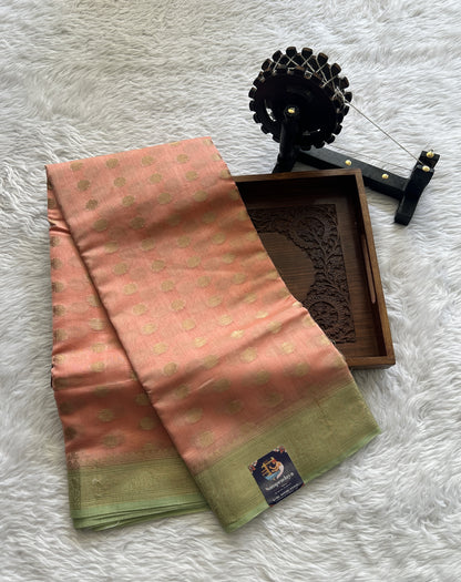 Maheshwari Chanderi Cotton Saree Peach Colored Complemented with a Green Color Zari Border. - Sampradaya Designer Studio