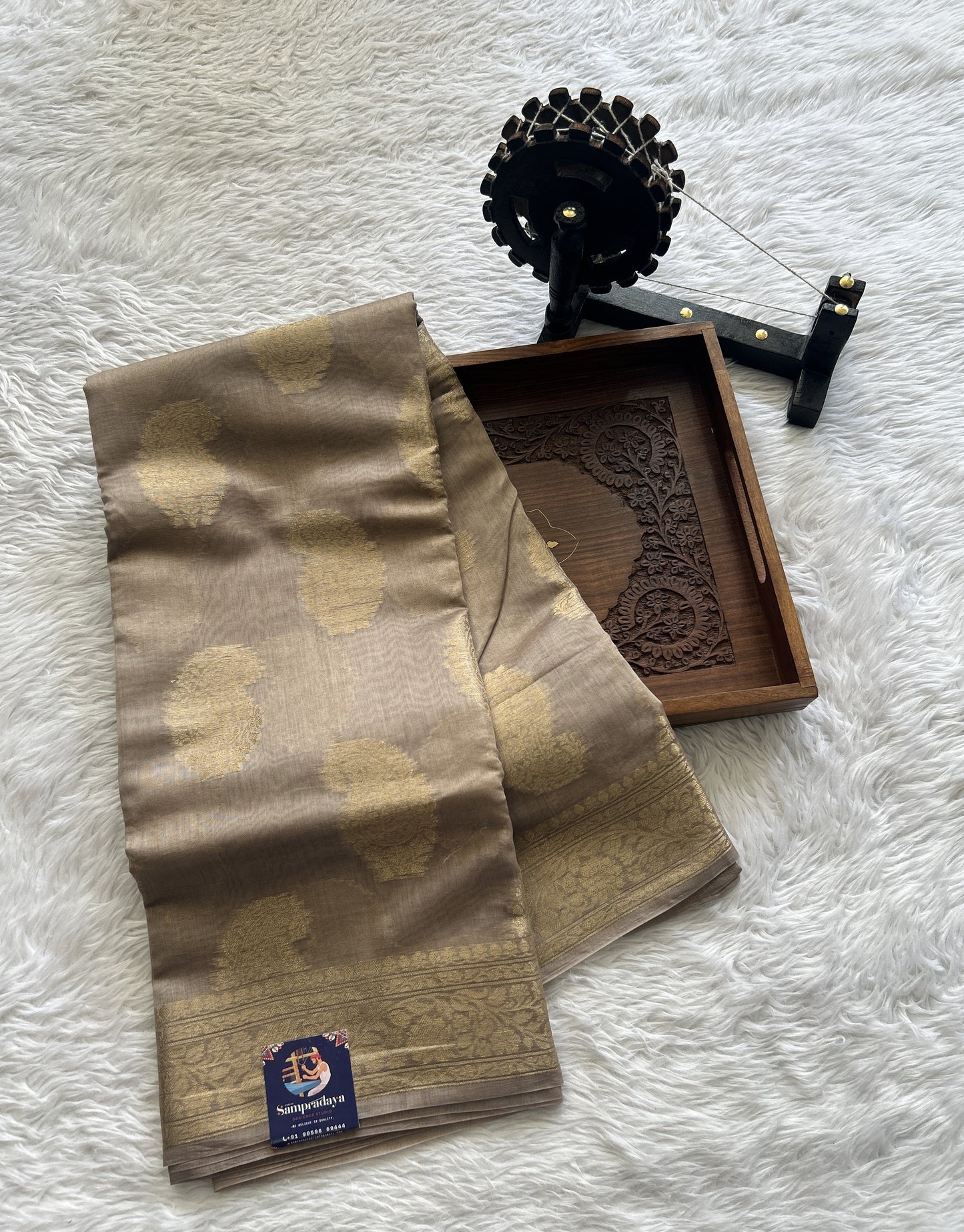 Maheshwari Chanderi Cotton Saree Dark Beige Colored Complemented with a Zari Border. - Sampradaya Designer Studio