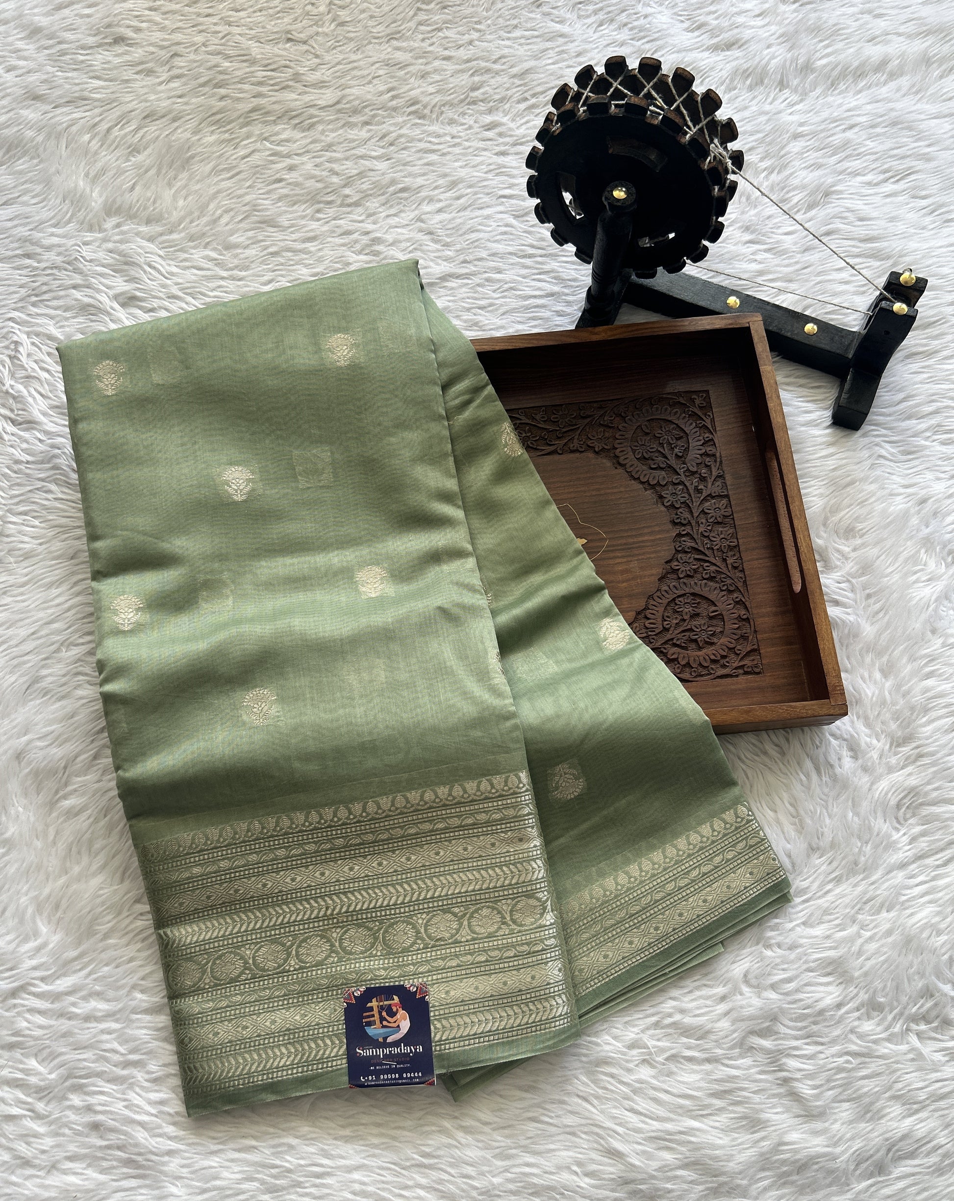 Maheshwari Chanderi Cotton Saree Sea Green Colored Complemented with a Zari Border. - Sampradaya Designer Studio