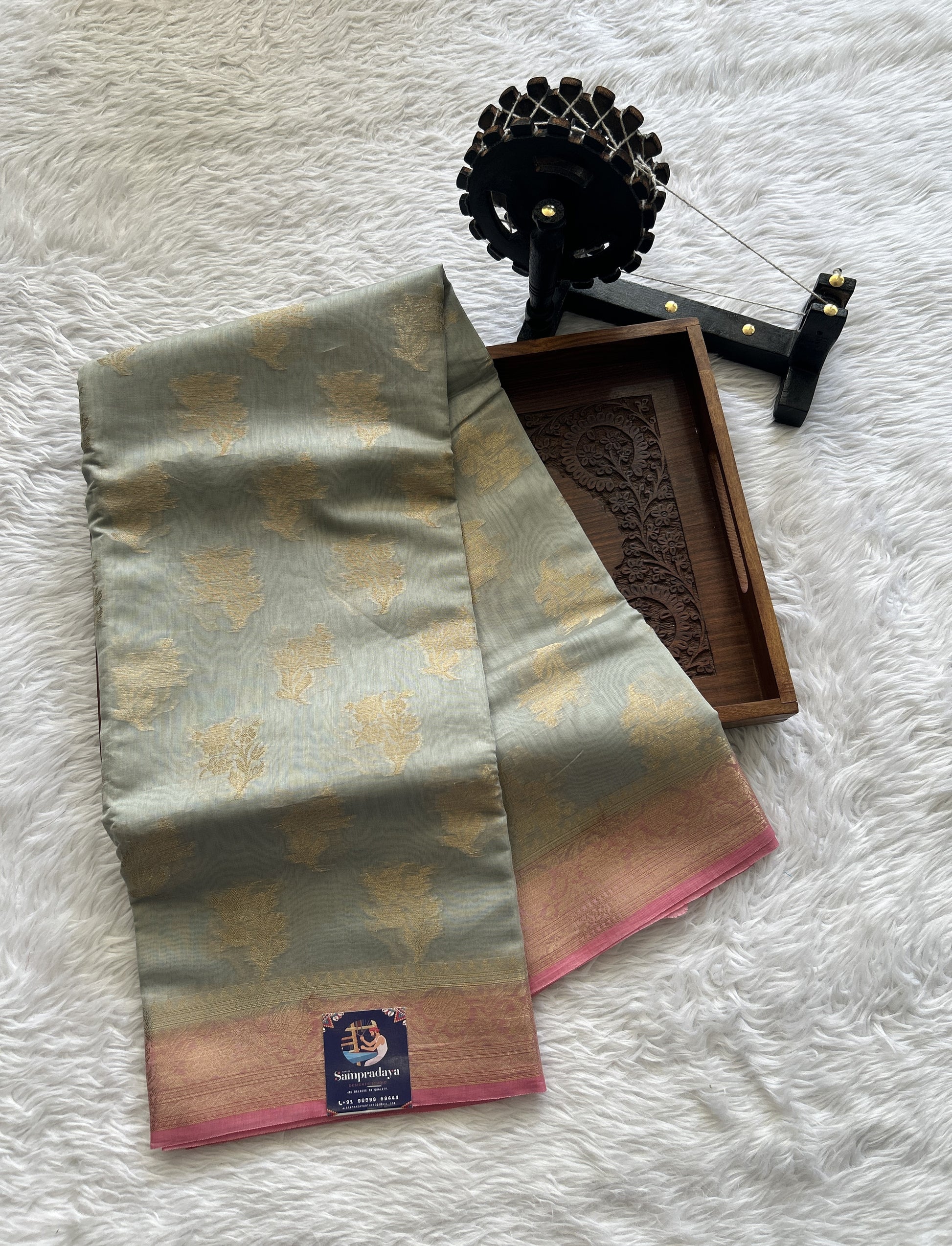 Maheshwari Chanderi Cotton Saree Sea Blue Colored Complemented with a Baby Pink Color Zari Border. - Sampradaya Designer Studio